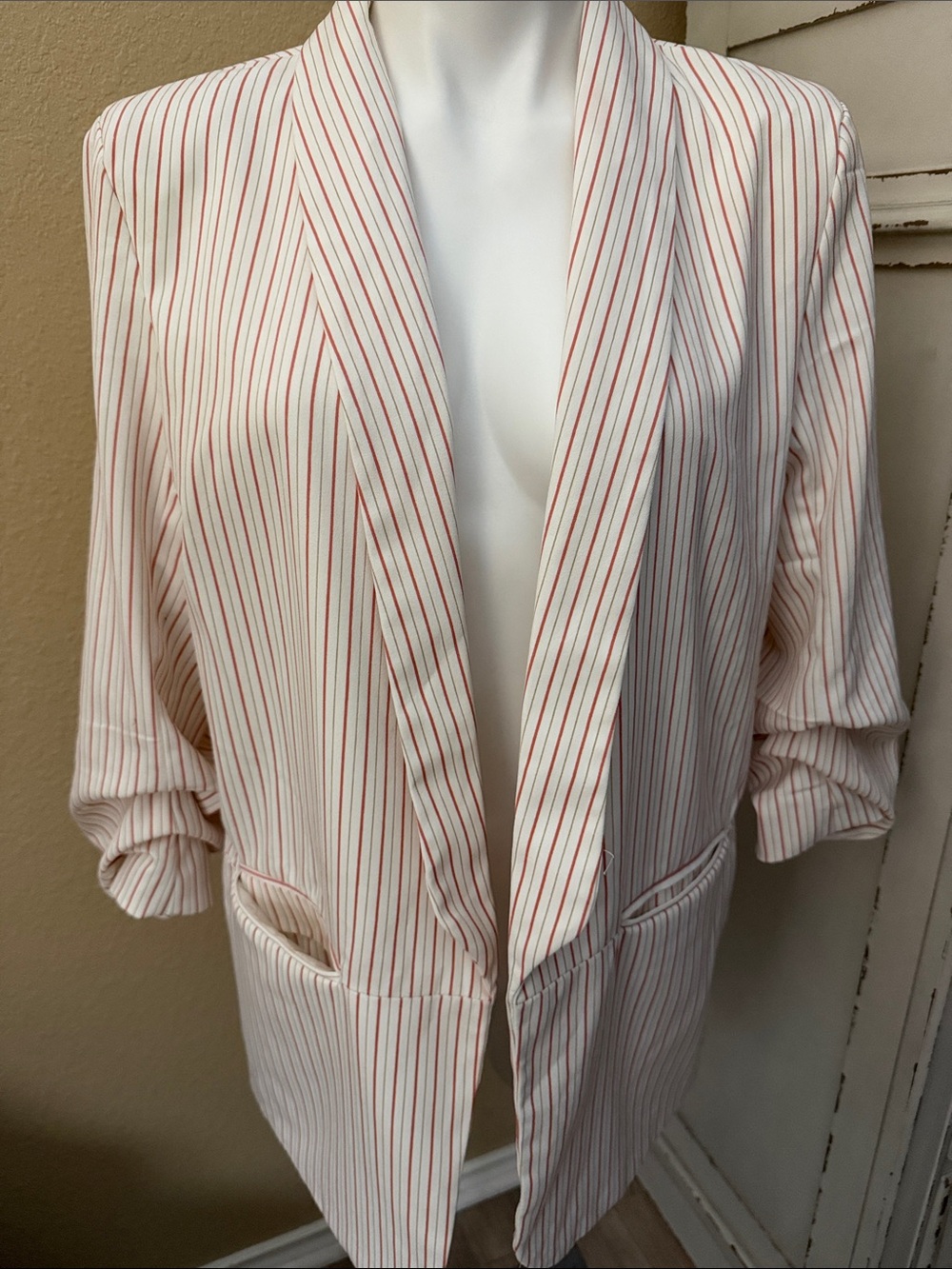 Madison White Blazer with Red Pinstripe Ruched Sleeves